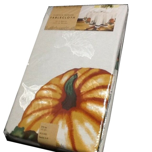 2 new PUMPKIN BORDER 70" Round Damask Thanksgiving Harvest Tablecloths - Picture 2 of 6